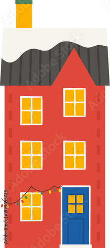 A house decorated Christmas light and covered with snow on the roof