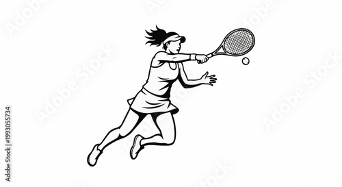 Black and white illustration of a female tennis player in motion