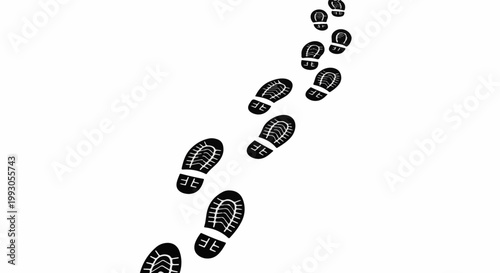 Black footprints ascend diagonally on a white background