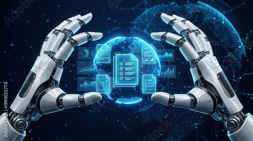 Fototapeta AI artificial intelligence manages digital documents and files with a virtual assistant.