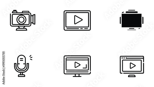 Digital Media Icons: A collection of sleek, monochromatic icons representing various facets of digital media creation, including cameras, screens, microphones, and video players.