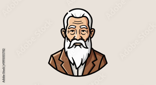 Cartoon portrait of an old man with white hair, mustache, and beard