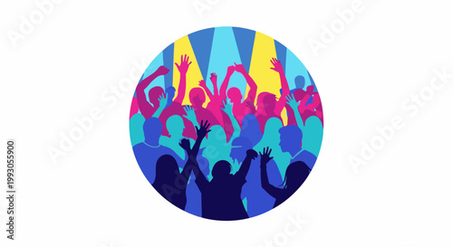 Energetic crowd with raised hands under colorful spotlights in a circular graphic