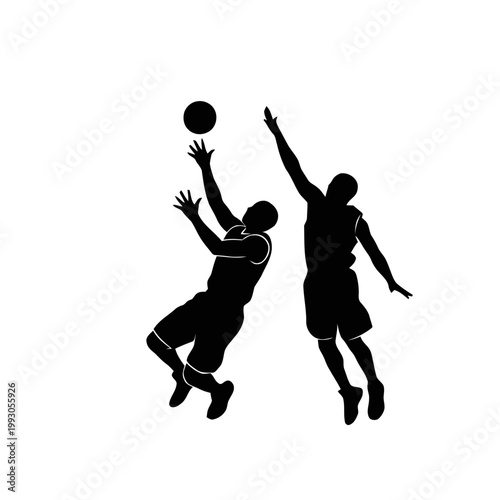 Basketball players compete in a dynamic jump ball action sequence captured as a clean black silhouette graphic for sports design.