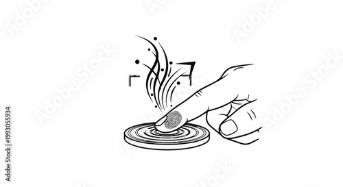 Fingerprint scans a circular device, activating abstract shapes