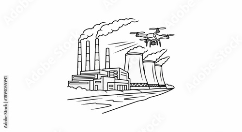 Industrial site with cooling towers and a surveillance drone overhead
