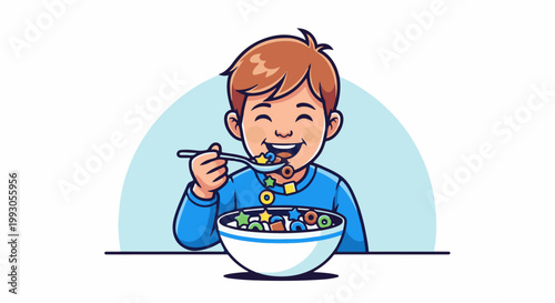 Joyful child enjoys a colorful bowl of breakfast cereal with a spoon