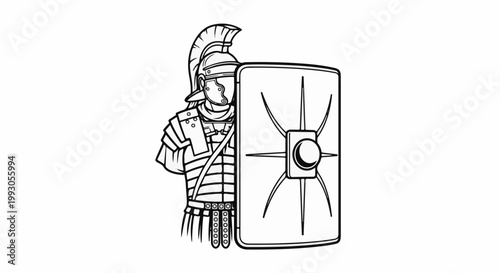 Line art of a Roman soldier in armor holding a shield