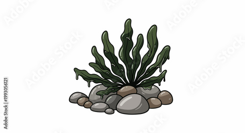 Stylized aquatic plant with dripping leaves sits atop smooth river stones