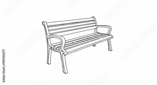 Stylized outline drawing of a classic outdoor bench with slatted seat and back