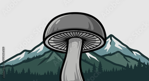 Stylized mushroom grows large in foreground before misty, snow-capped mountains