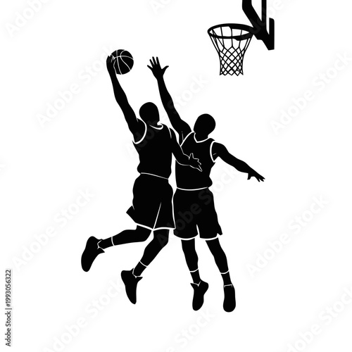 Basketball players jump toward the hoop to perform a dunk during an intense match as they compete for possession of the ball on the court.