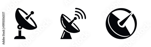 Black satellite dish vector icons set. Parabolic antenna symbols for telecommunications, internet, and space technology on white background.