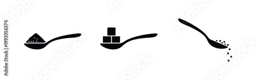 Set of black icons depicting a spoon with powder, sugar cubes, and falling granules. Flat design for cooking, recipe, and nutrition concepts.