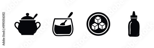 Set of four minimalist black silhouette icons depicting a sugar bowl, cup with spoon, sugar cubes, and a condiment bottle on a white background.