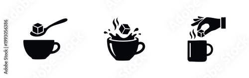 Set of black icons showing sugar cubes being added to cups of hot coffee or tea with a spoon, splash, and hand.