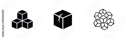 Set of minimalist 3D cube icons including a stack, a cracked cube, and a cluster of outlines. Clean black and white geometric vector symbols.