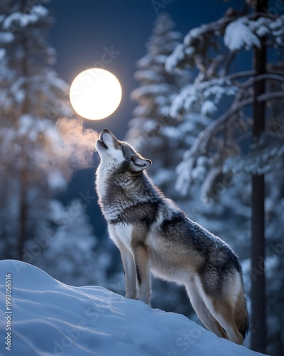 A beautiful white Siberian husky portrait of a fluffy canine with blue eyes standing in the cold winter forest snow like a wild wolf