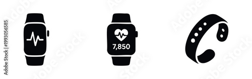 Set of minimalist black smartwatch and fitness tracker icons featuring heart rate monitor and step counter for health and technology concepts.