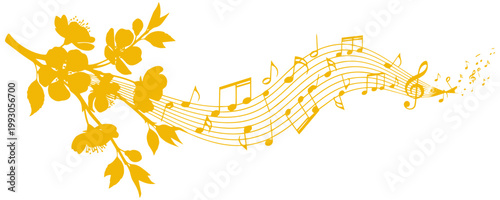 Elegant yellow floral branch transforming into flowing musical staff with scattered notes representing a melodic spring harmony