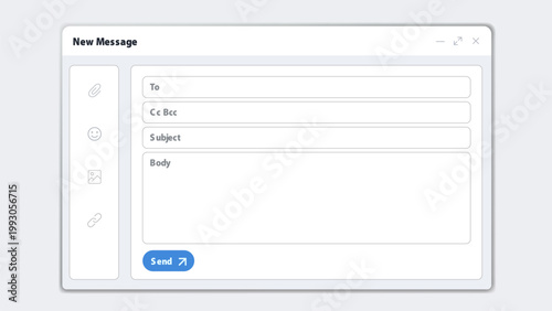 Email compose UI vector template design. New message window panel layout. Clean mail form field input screen. Send button minimal white interface. Digital communication business concept.