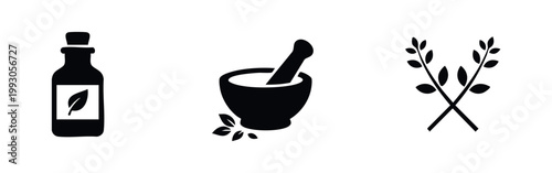 Set of black icons representing herbal medicine and wellness: essential oil bottle, mortar with pestle, and crossed leafy branches on white background.