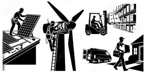 Set of silhouettes for green energy and logistics industries. Professional illustrations of solar panel installers, wind turbine engineers, forklift drivers, and delivery couriers isolated