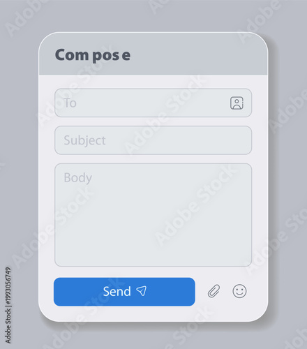 Simple email compose UI vector template. Clean mail message form card layout. To subject body input field design. Blue send button minimal interface. Digital communication app concept.