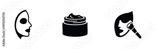 Minimalist black and white skincare icons featuring a facial mask treatment, a jar of cosmetic cream, and a brush application process on white.