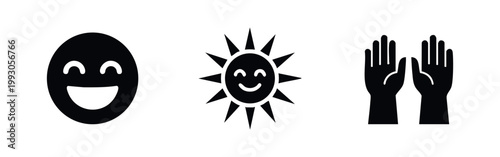 Minimalist black icon set featuring a grinning smiley face, a happy sun with rays, and raised hands symbolizing joy and celebration on white.