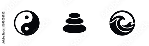 Canvas Print Minimalist set of black and white zen symbols: yin yang, balanced spa stones, and circular ocean wave