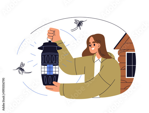 Woman holding insect killer lamp for bites protection and prevention. Person with zapper lantern outdoors, anti-mosquito light repellent, device. Flat vector illustration isolated on white background