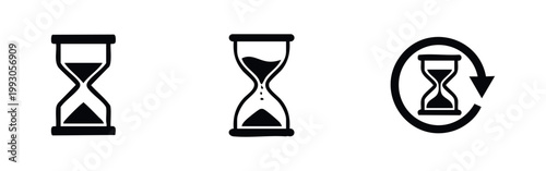 Set of minimalist black and white hourglass icons representing time management, waiting, measurement, and history on a clean background.