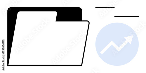 Business growth, data management, analytics, document organization, productivity, efficiency. Black folder and upward trend graph. Business growth and data management theme