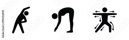 Minimalist black and white icons illustrating stretching and warmup exercises, featuring side bends, forward folds, and dynamic movements.