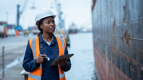 Marine inspector examining cargo ship hull with tablet flashlight at port wearing safety gear documenting maintenance condition maritime industry compliance operations marketing content