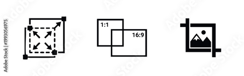 Set of minimalist black icons for image editing featuring resize, aspect ratio, and crop tools. Clean vector symbols for graphic design and software.