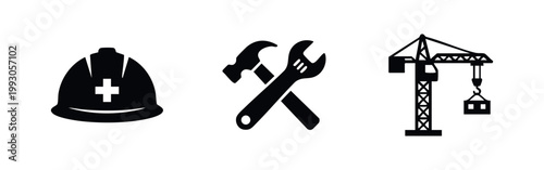 Set of minimalist construction icons including a safety hard hat, crossed hammer and wrench tools, and a tower crane on a plain white background.