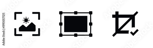 Set of minimalist black icons representing digital photography tools: image capture, resizing with transformation handles, and a crop tool.
