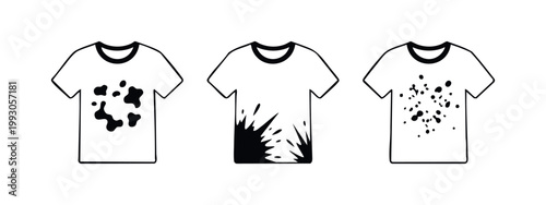 Set of three minimalist icons showing white t-shirts with various black stains and splatters. Ideal for laundry, stain removal, and cleaning themes.