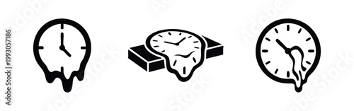 Set of three black and white surrealist melting clock icons, representing the concept of time passing and fluid reality on a white background.