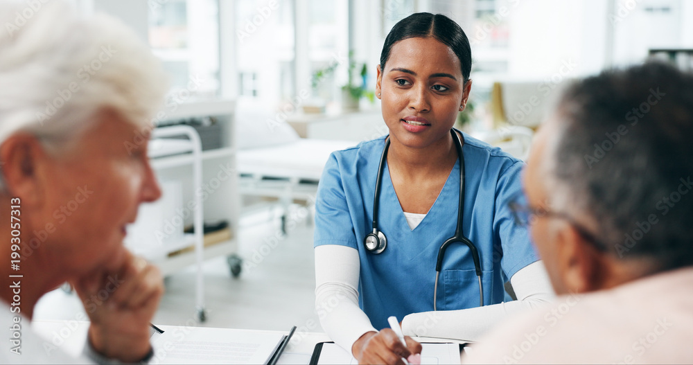 Fototapeta premium Doctor, old couple and talking in clinic, consultation for diagnosis and feedback for treatment. Medical service, senior man and woman in office, communication or healthcare info for recovery