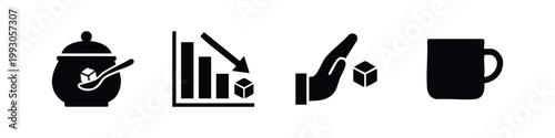 Minimalist black icons set illustrating sugar reduction and healthy lifestyle, featuring a sugar bowl, a declining graph, a stop hand, and a mug.