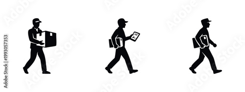 Set of three delivery courier silhouettes carrying packages and using a digital tablet for logistics, shipping, and express mail services.