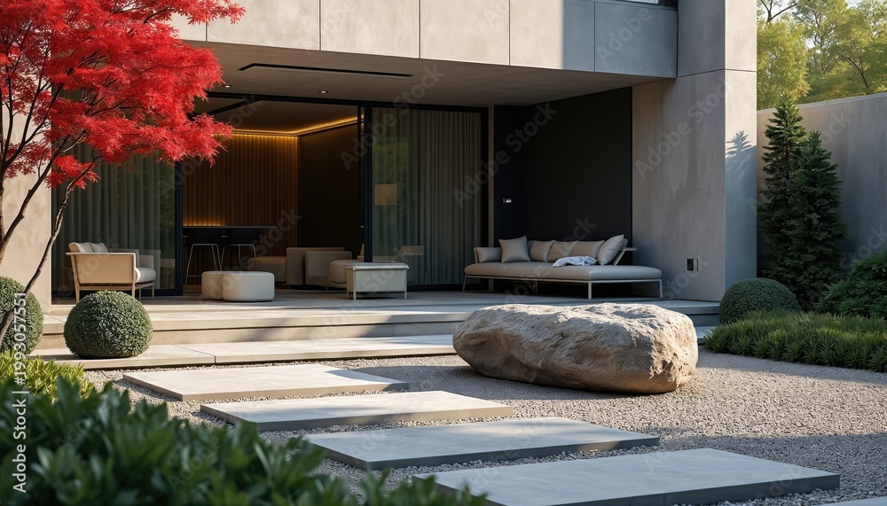 Fototapeta premium Modern house with minimalist stone garden patio. Large boulder sits near path, red maple tree offers contrast. Outdoor seating area faces backyard.