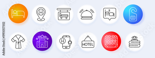 Hotel service set icon. Bed location hanger bell sleep tag robe building phone sign calendar spa line icons minimal outline style hospitality accommodation objects collection.