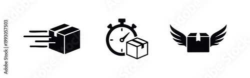 Canvastavla Set of three black icons for fast delivery and express shipping, featuring a moving parcel, stopwatch with box, and a winged package on white