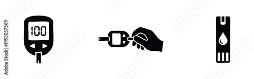 Set of black and white icons for diabetes management, featuring a glucometer, blood glucose test strips, and a hand monitoring sugar levels.