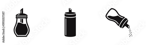Set of minimalist black sugar dispenser icons on white background, including a classic shaker, a cylindrical bottle, and one pouring sugar grains.