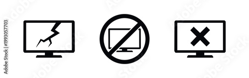 Collection of three icons showing a cracked TV screen, a prohibited monitor sign, and an error display. Minimalist black and white vector design.